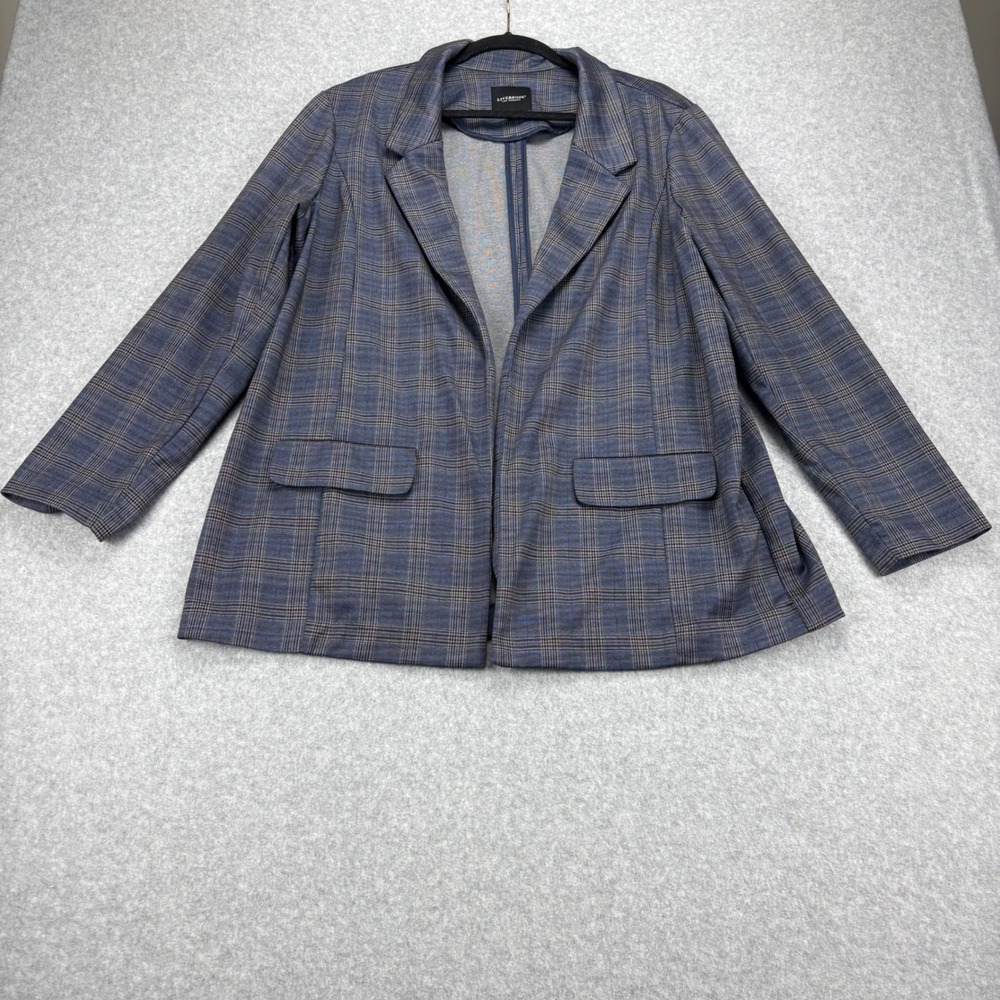 Liverpool Boyfriend Blazer Womens Plus 1X Navy Khaki Plaid Stretch Open Front